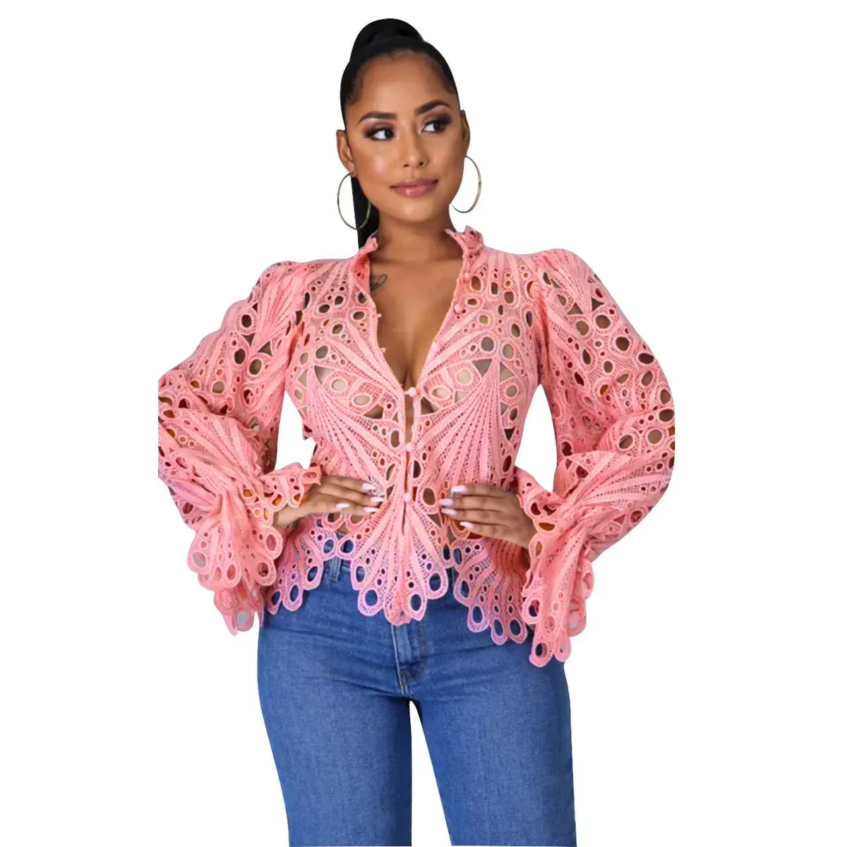 Desire Lace Cutout Ruffle Sleeve Button-Up Blouse