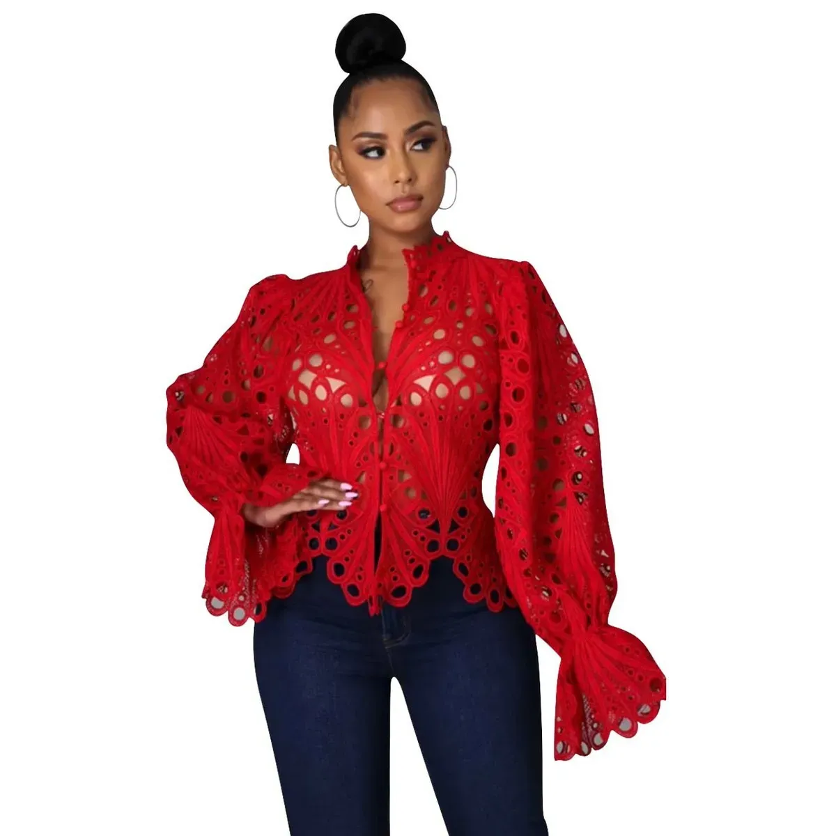 Desire Lace Cutout Ruffle Sleeve Button-Up Blouse