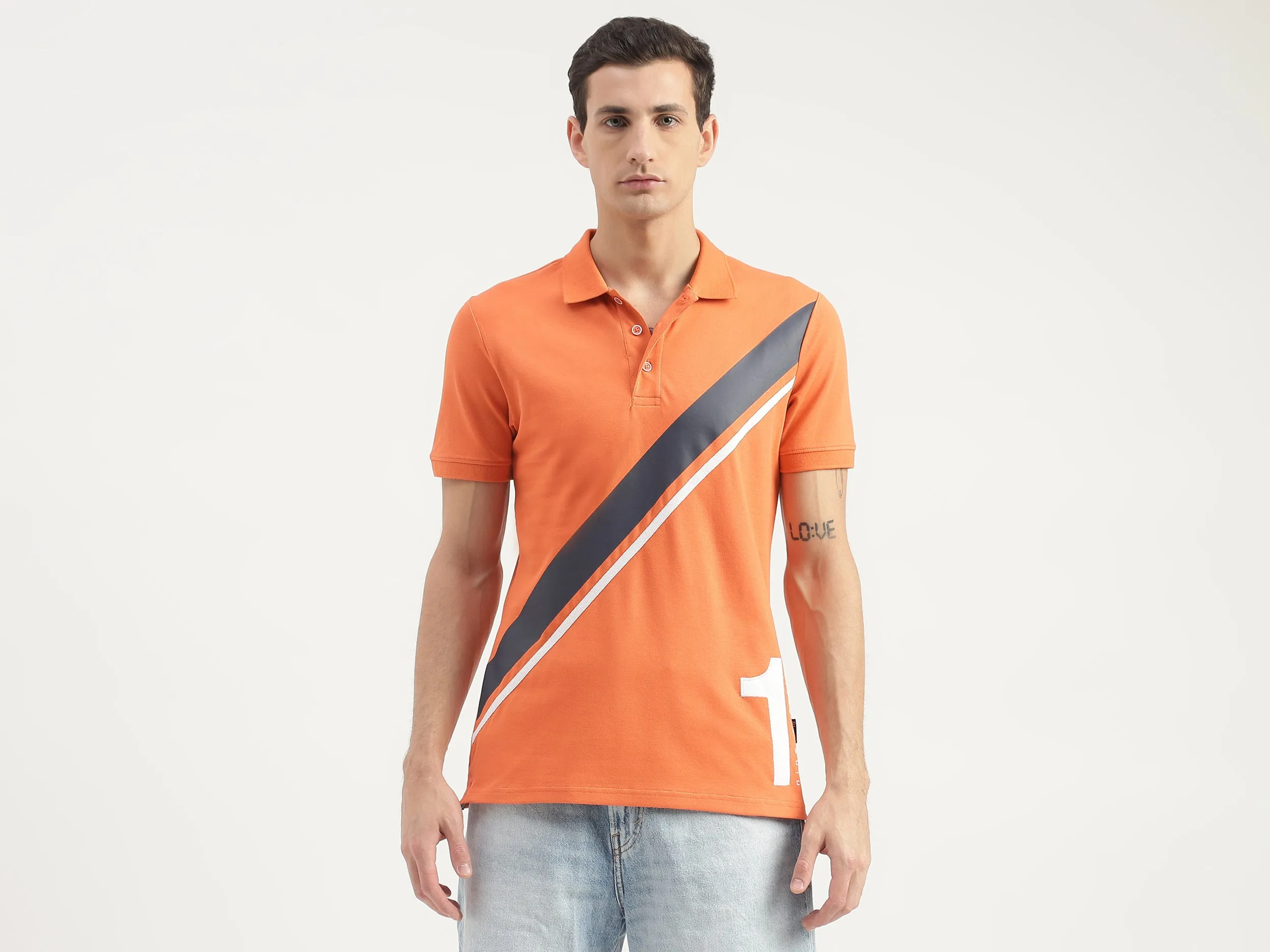 Diagonal Striped Detail Polo T-Shirt