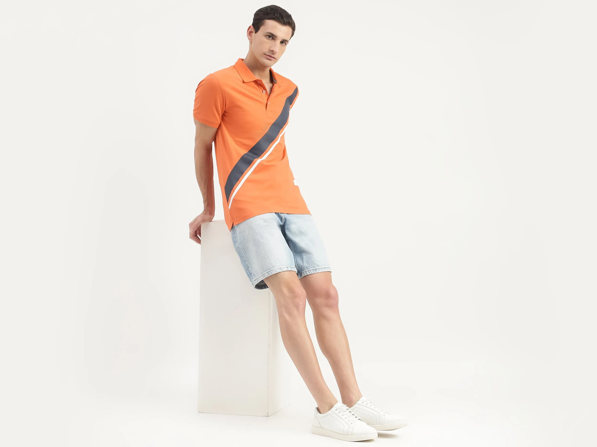 Diagonal Striped Detail Polo T-Shirt
