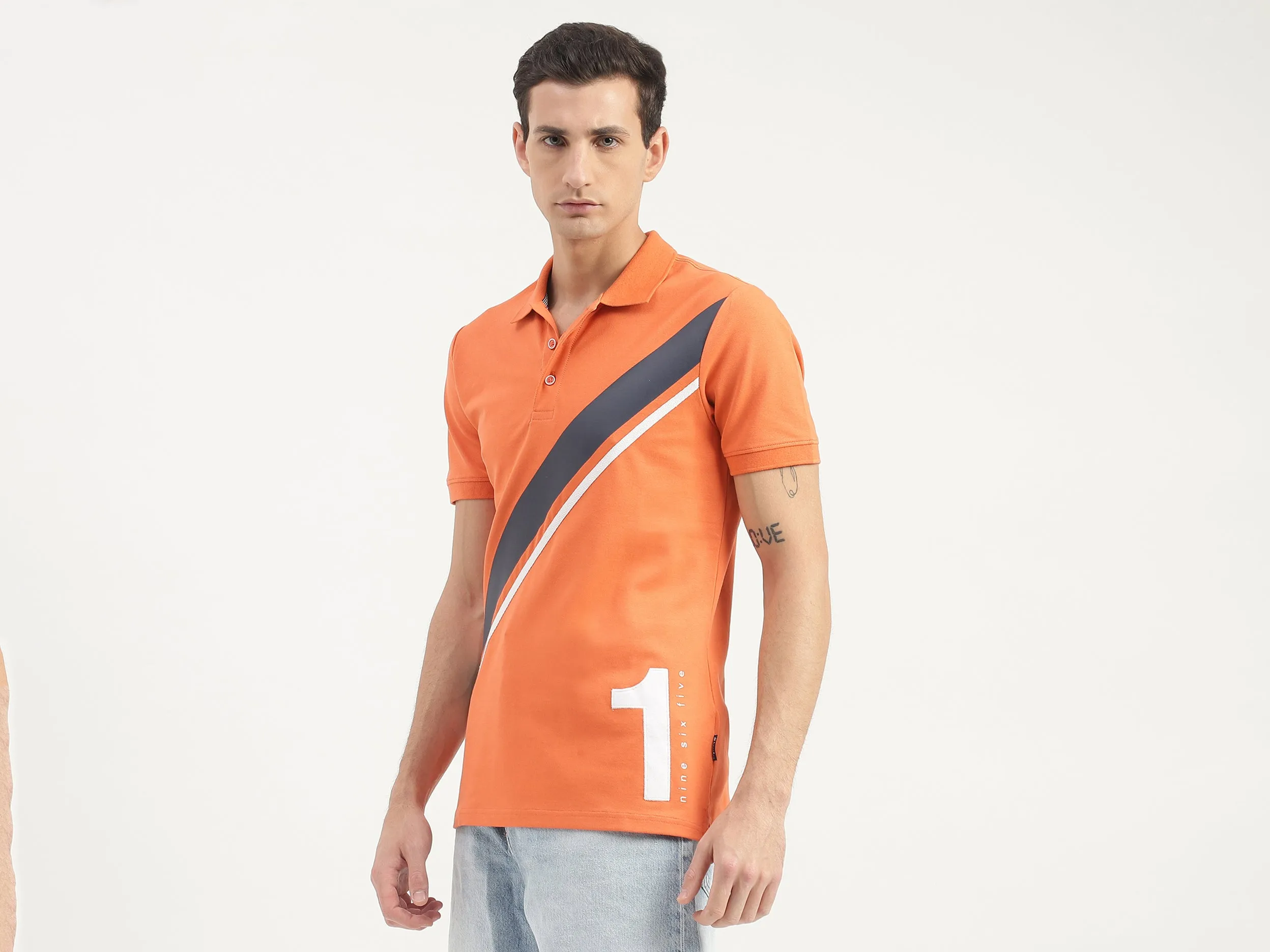 Diagonal Striped Detail Polo T-Shirt