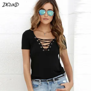 DICLOUD Fashion V-Neck T-Shirt Women New Summer Black Ladies' Tops Short Sleeve Lace Hollow Shirt Tees 2023