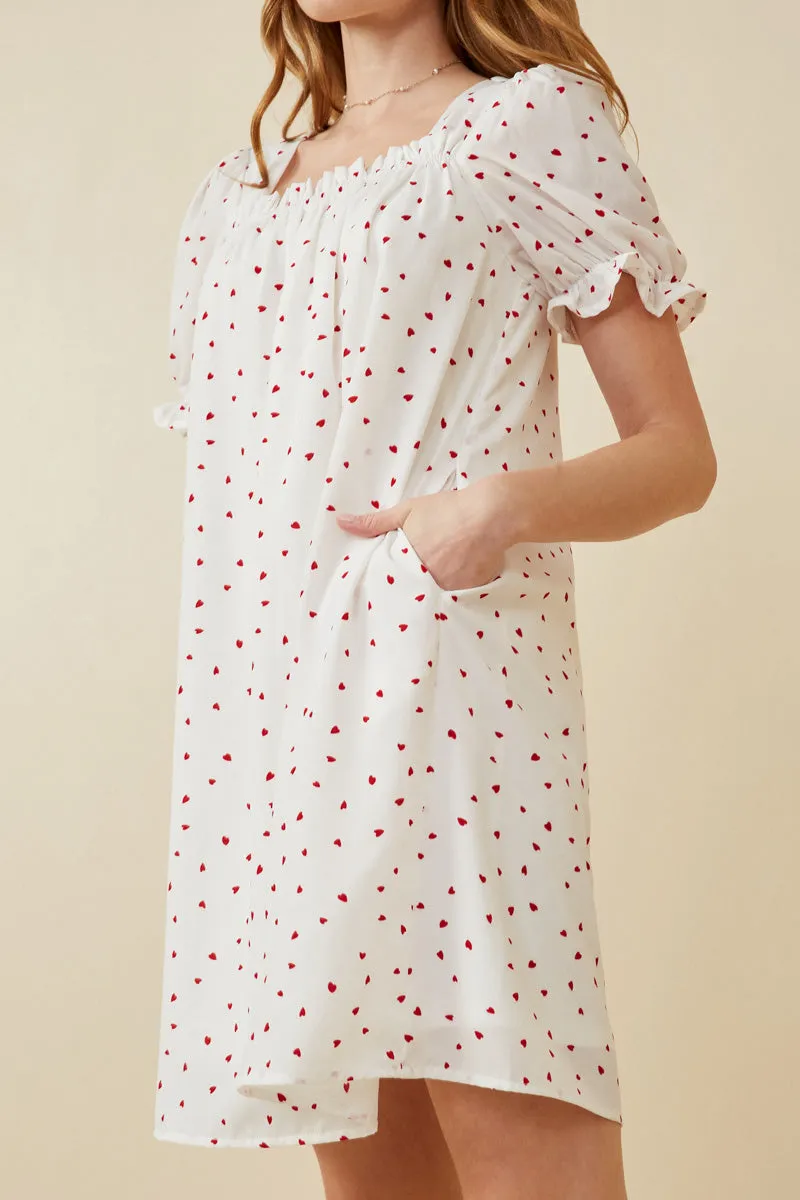 Ditsy Hearts Square Neck Puff Sleeve Dress