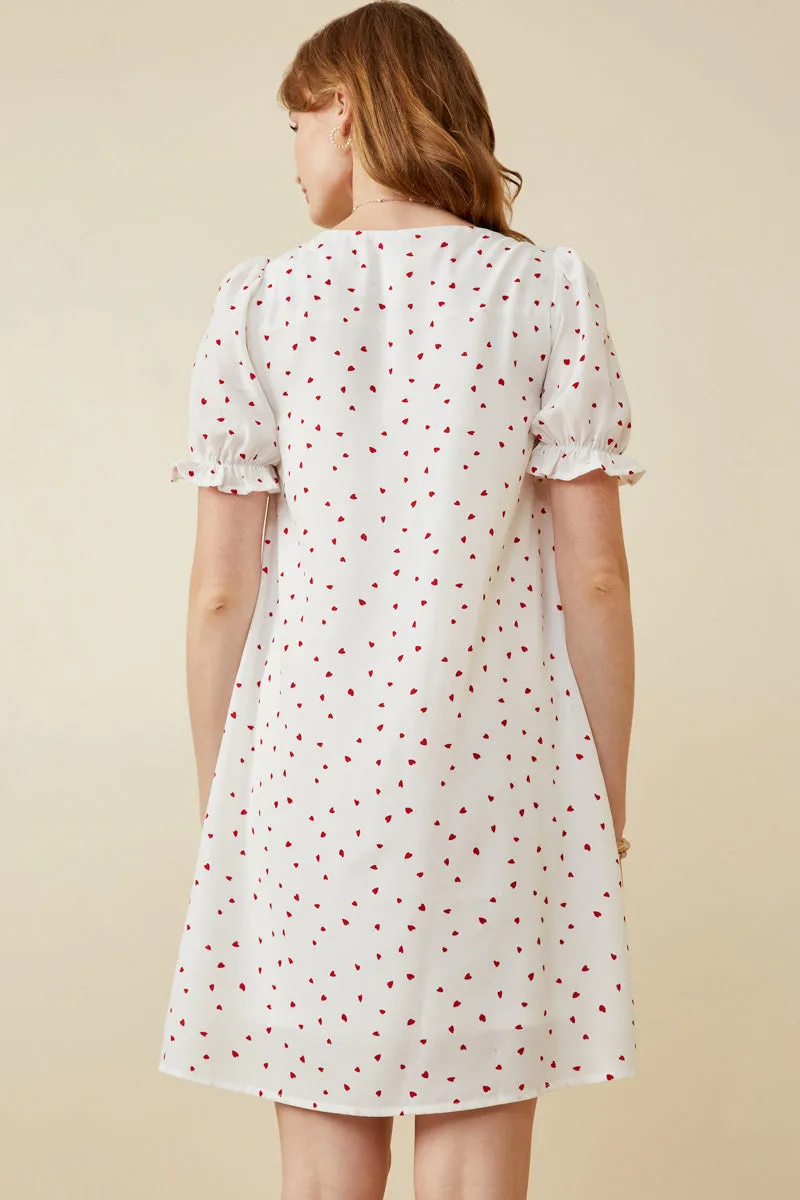 Ditsy Hearts Square Neck Puff Sleeve Dress