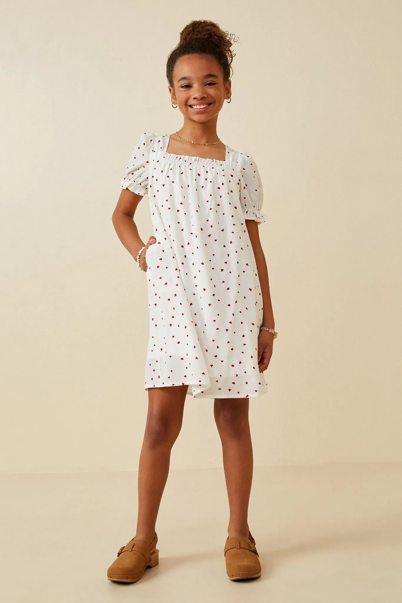 Ditsy Hearts Square Neck Puff Sleeve Dress