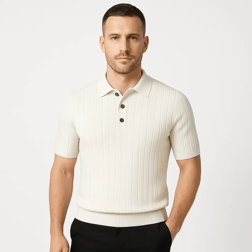 Domoir | Striped Cotton Knit Polo Shirt