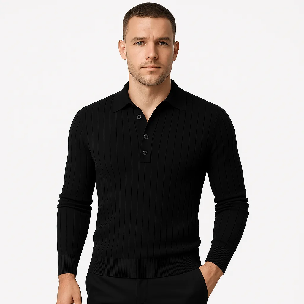 Domoir | Striped Cotton Knit Polo Shirt