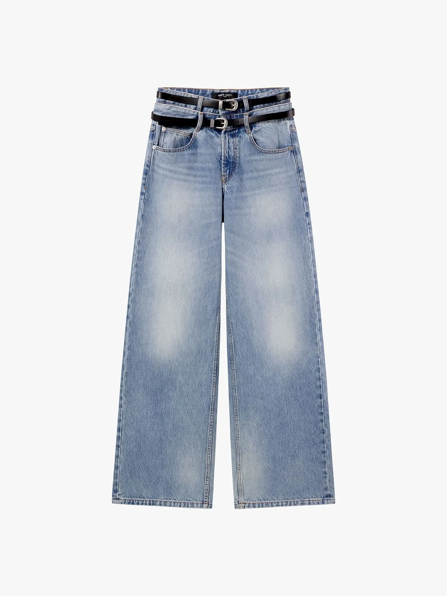 Double Belt High-Waisted Straight-Leg Jeans