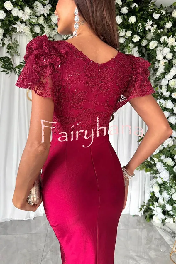 Dreamy Luxury Lace and Satin Patchwork Ruffle Sleeve Ruched Midi Dress