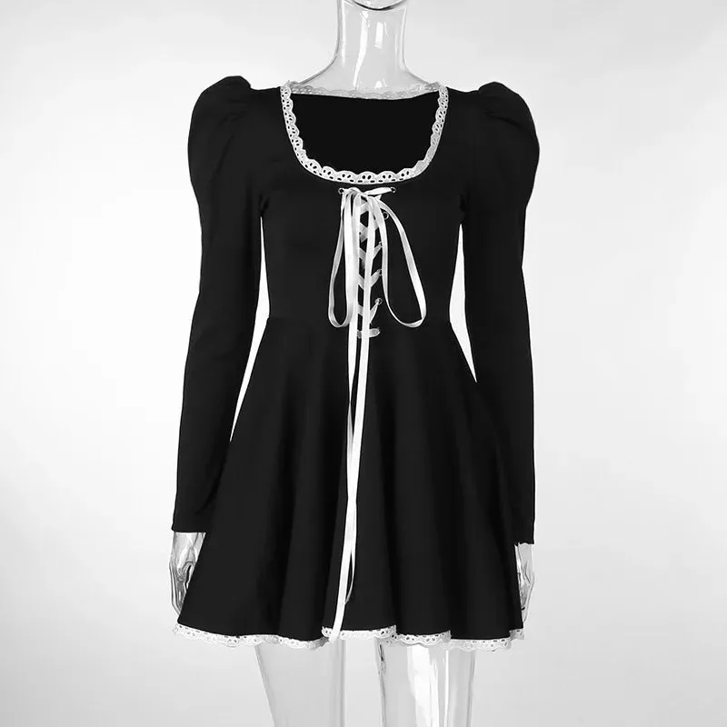Elegant Fairy Princess Dress Square Neck Long Sleeved Bandage Dress