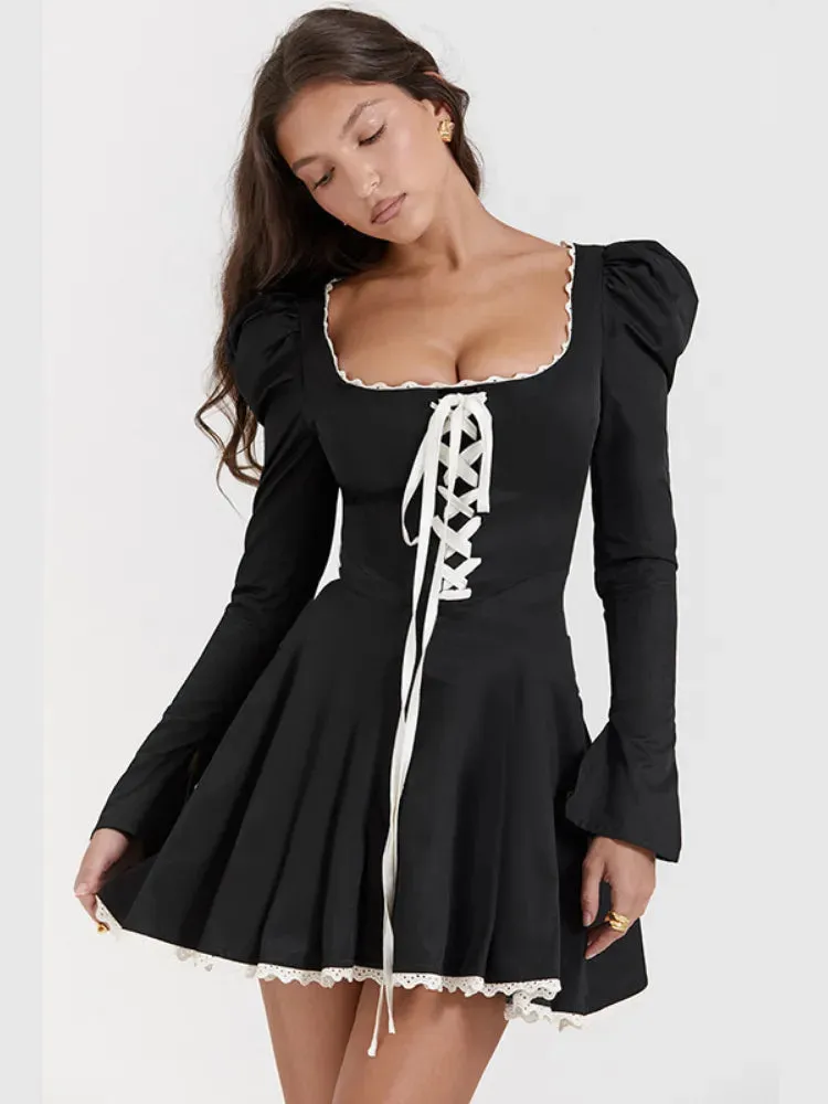 Elegant Fairy Princess Dress Square Neck Long Sleeved Bandage Dress