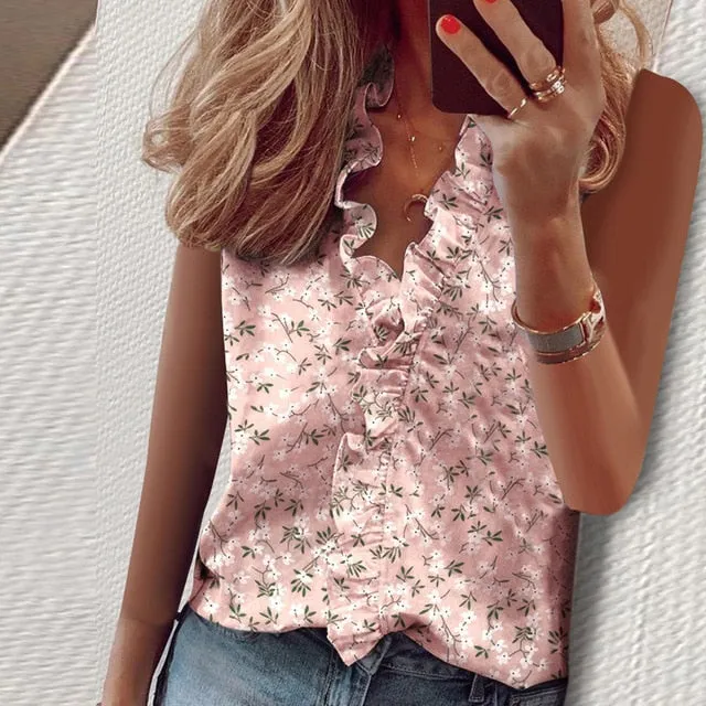 Elegant New Daisy Pineapple Print Ruffle blouse shirts Office Lady 2020 Summer Short Sleeve Slim Blouses women Sexy V-neck tops