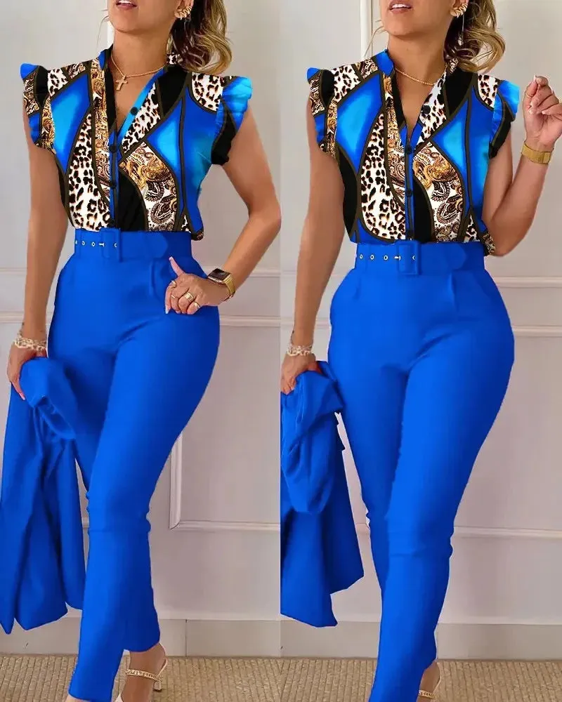 Elegant Women Two Piece Set Suits New Fashion Printed Ruffle Sleeve Top Solid Color Pants Set With Belt  Blouses Female Clothing