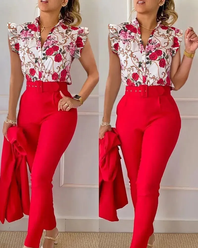 Elegant Women Two Piece Set Suits New Fashion Printed Ruffle Sleeve Top Solid Color Pants Set With Belt  Blouses Female Clothing