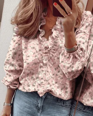 ELEU - FASHION RUFFLES LONG-SLEEVE BLOUSE