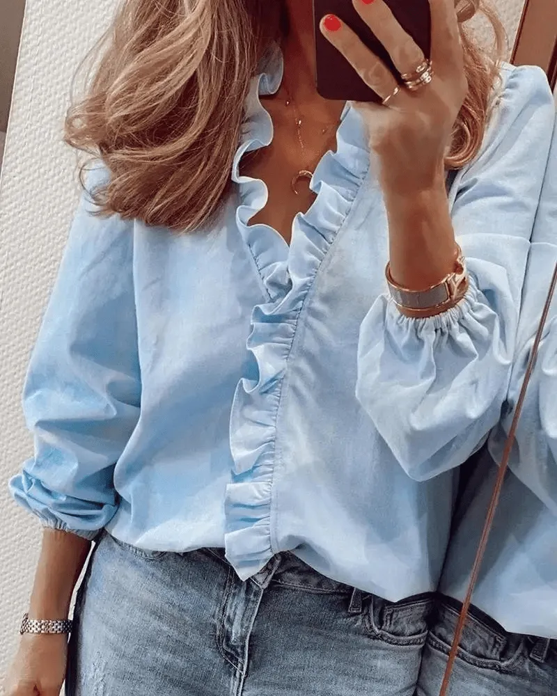 ELEU - FASHION RUFFLES LONG-SLEEVE BLOUSE