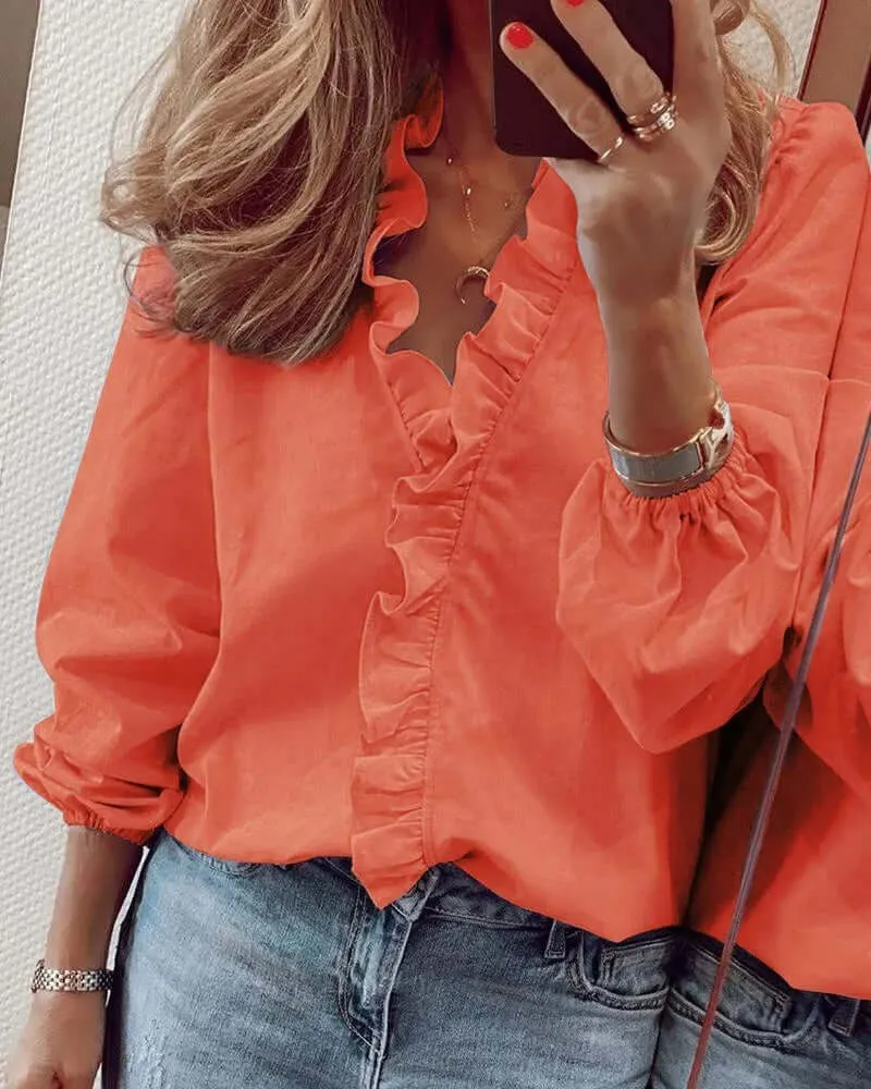 ELEU - FASHION RUFFLES LONG-SLEEVE BLOUSE