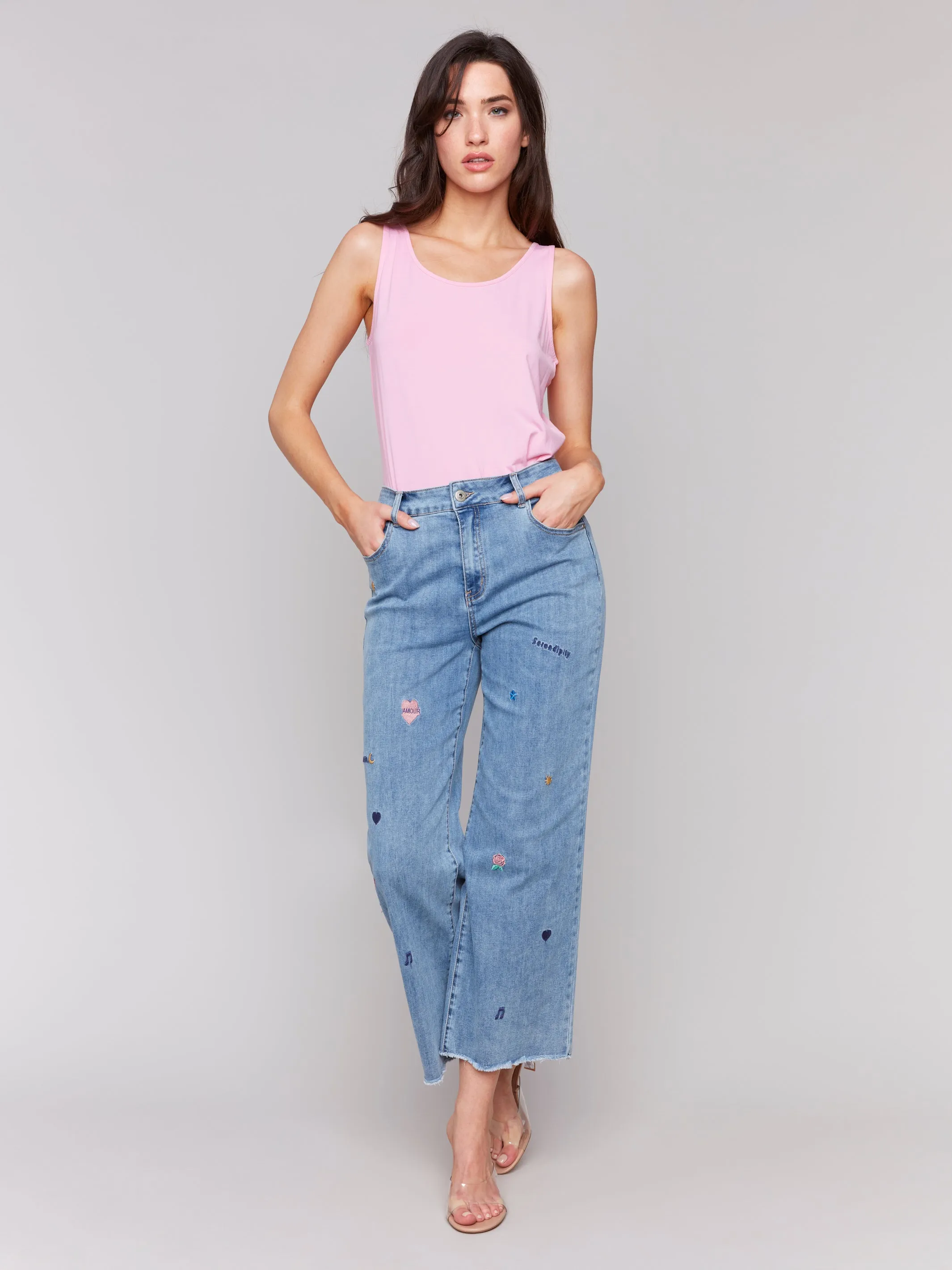 Embroidered Patch Straight Leg Jeans