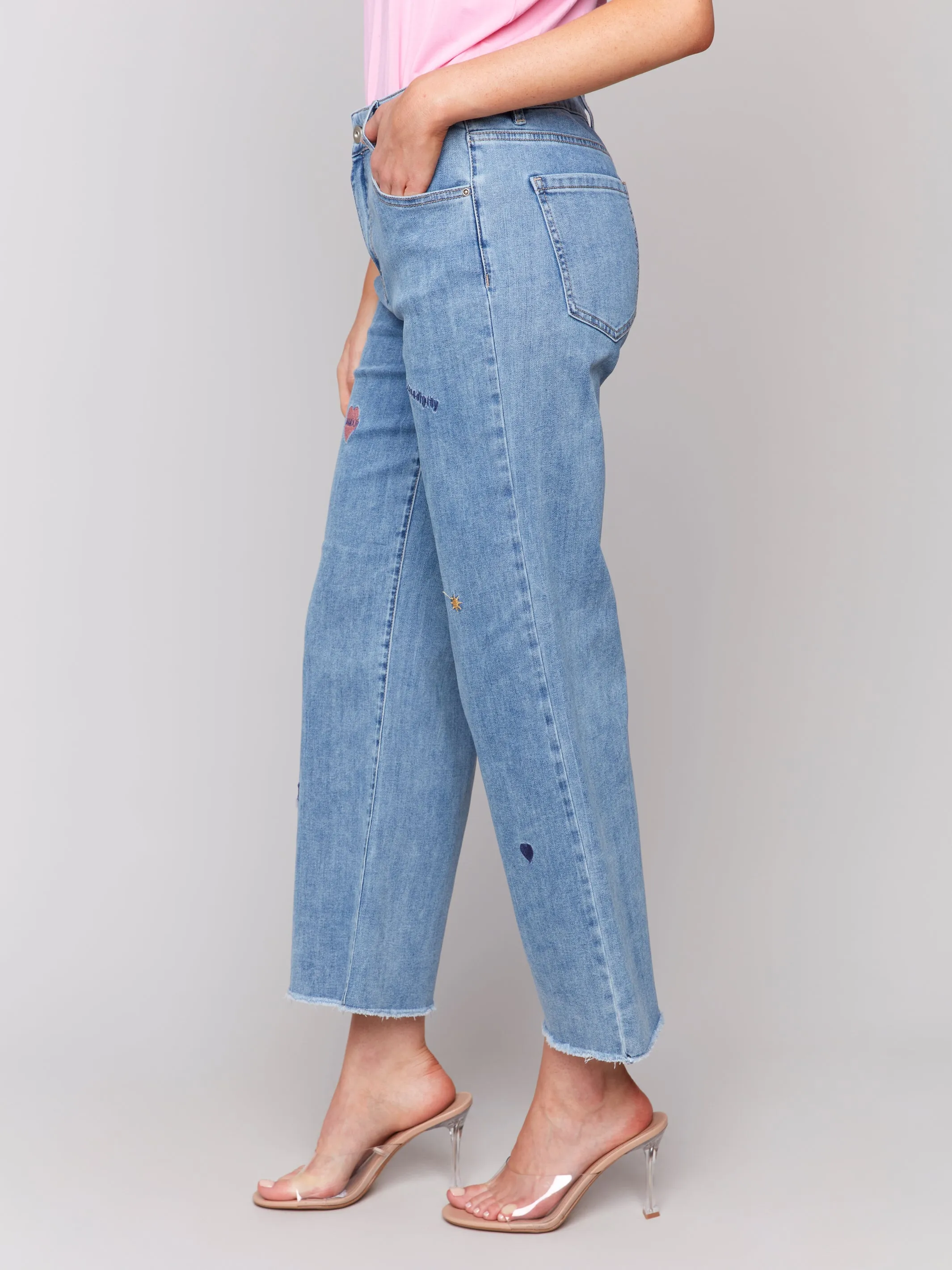 Embroidered Patch Straight Leg Jeans