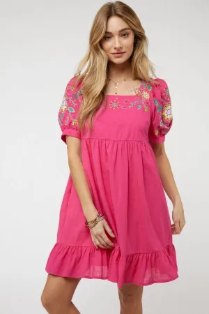 EMBROIDERED SQUARE NECK RUFFLE MINI DRESS