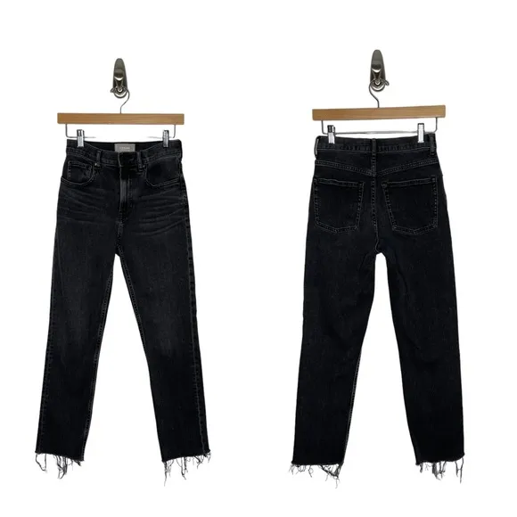 Everlane | High Rise Straight Jeans in Washed Black Raw Hem 26