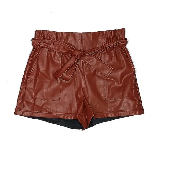 Express Faux Leather Paperbag High Waisted/Rise Belted Cognac Brown Shorts Large