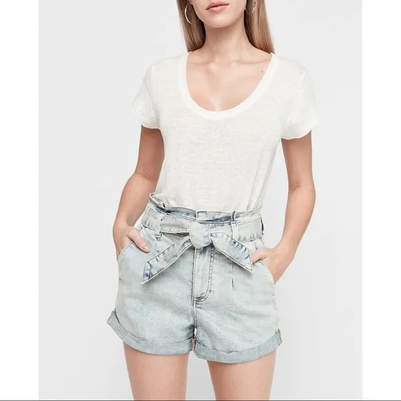EXPRESS High Waisted Tie Paperbag Jean Shorts