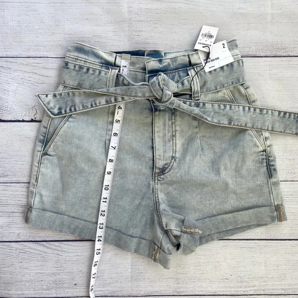 EXPRESS High Waisted Tie Paperbag Jean Shorts