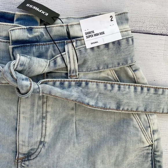 EXPRESS High Waisted Tie Paperbag Jean Shorts