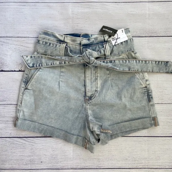 EXPRESS High Waisted Tie Paperbag Jean Shorts