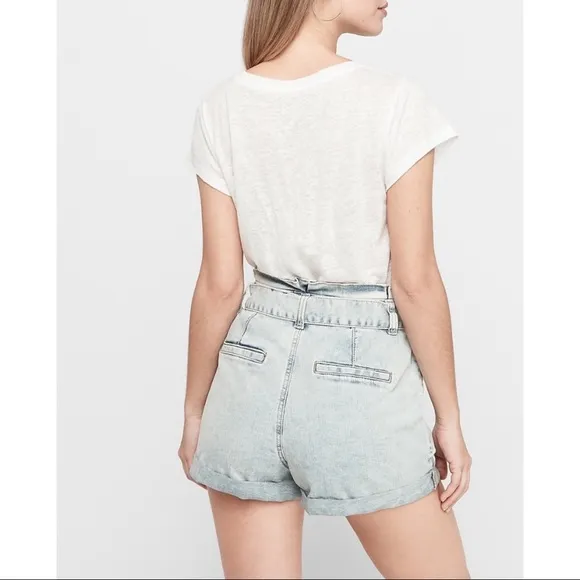 EXPRESS High Waisted Tie Paperbag Jean Shorts