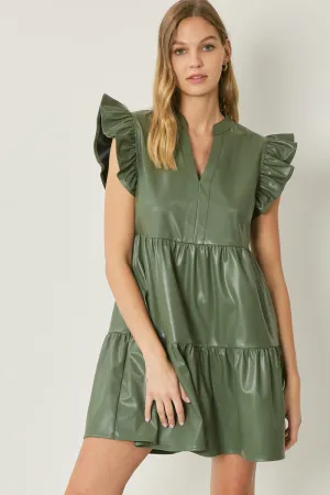 Faux leather tiered mini dress