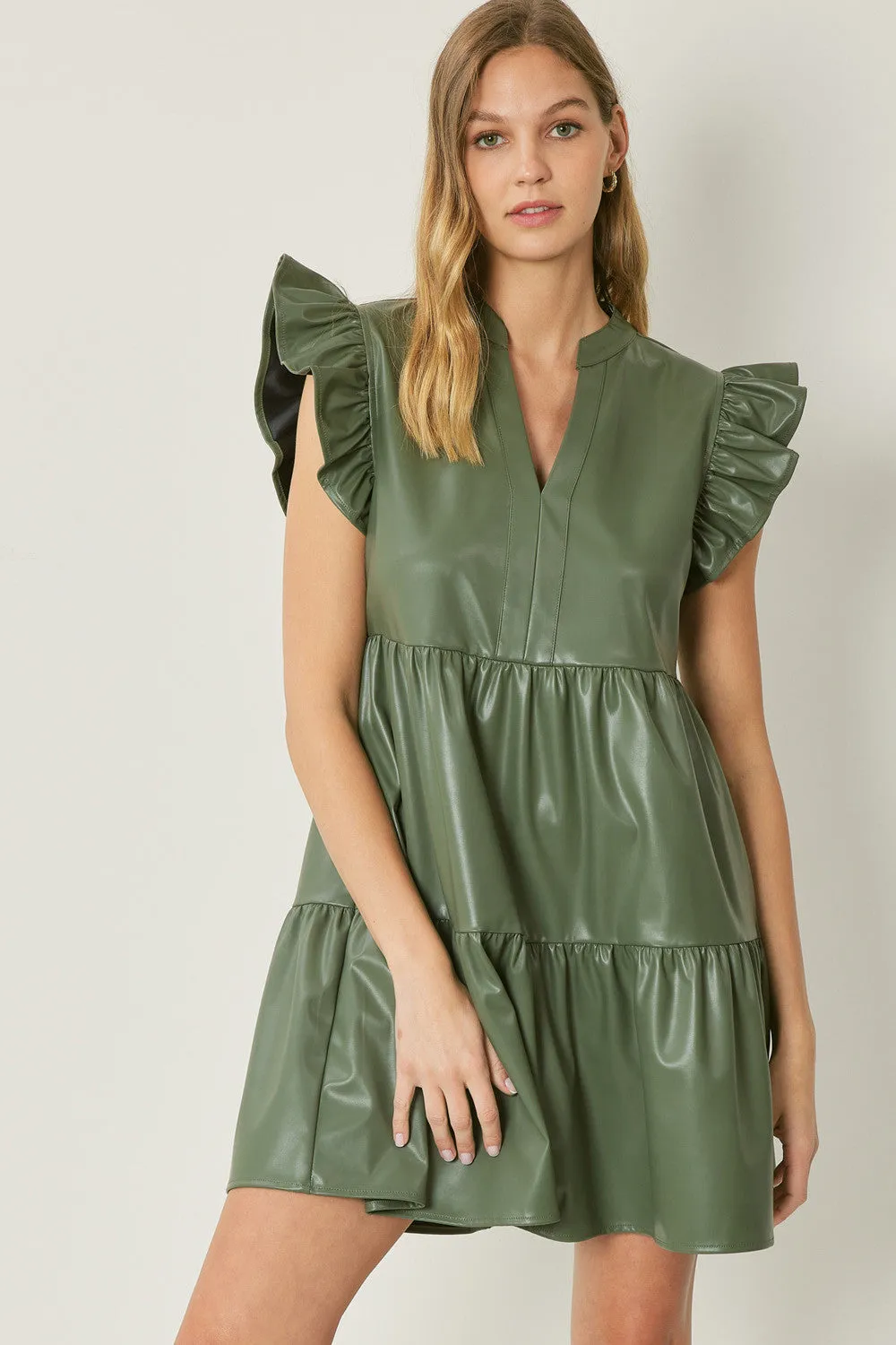 Faux leather tiered mini dress