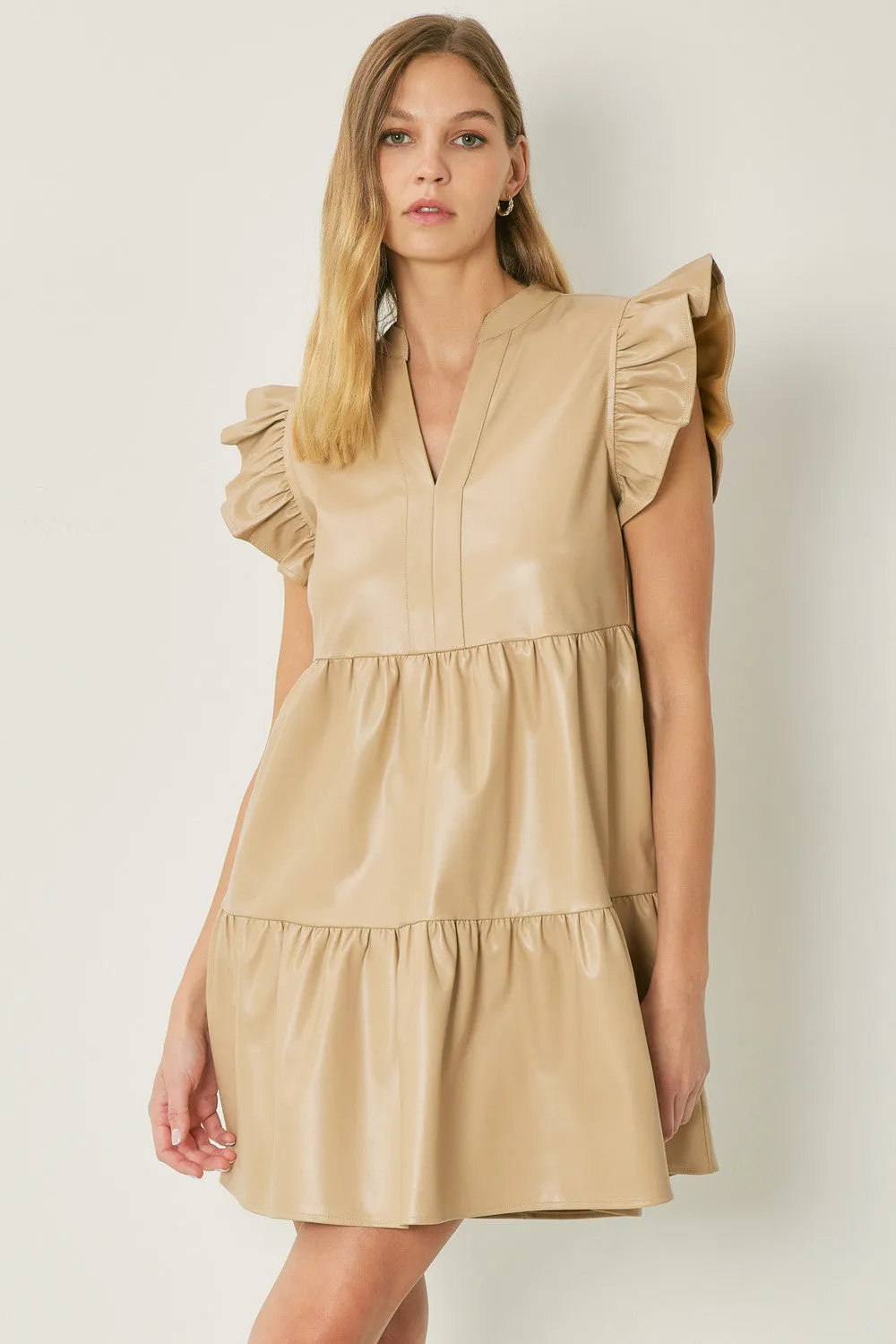 Faux leather tiered mini dress