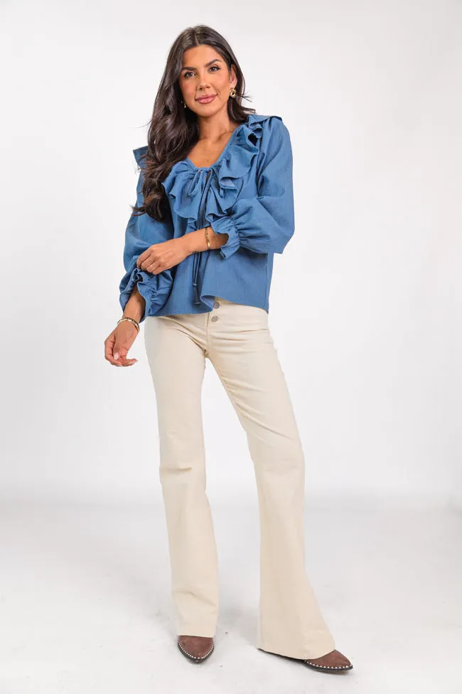 Feel This Way Medium Wash Ruffle Detail Chambray Blouse  FINAL SALE