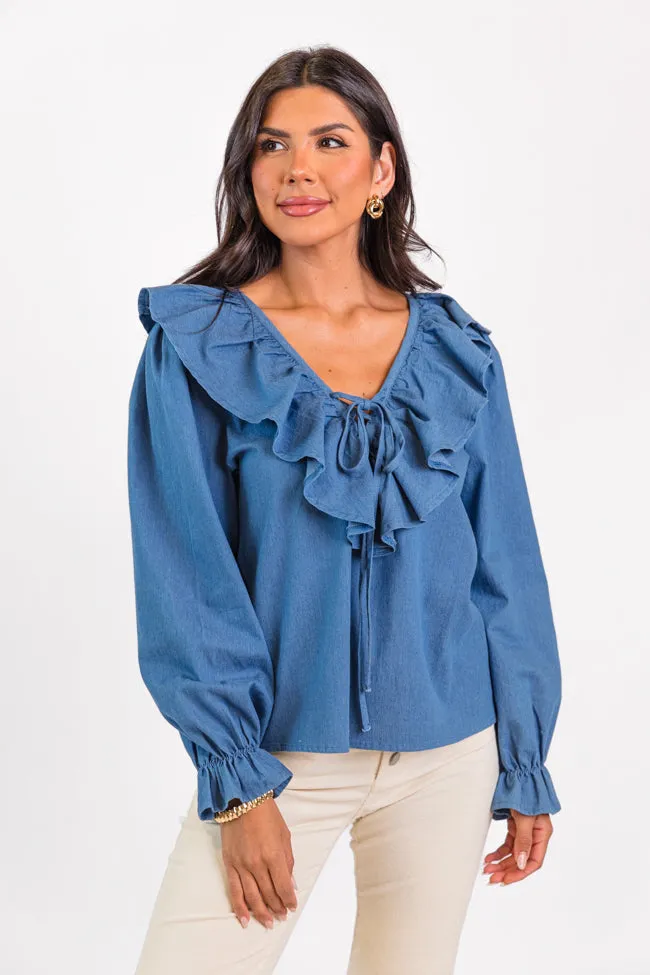 Feel This Way Medium Wash Ruffle Detail Chambray Blouse  FINAL SALE