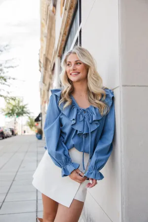 Feel This Way Medium Wash Ruffle Detail Chambray Blouse  FINAL SALE