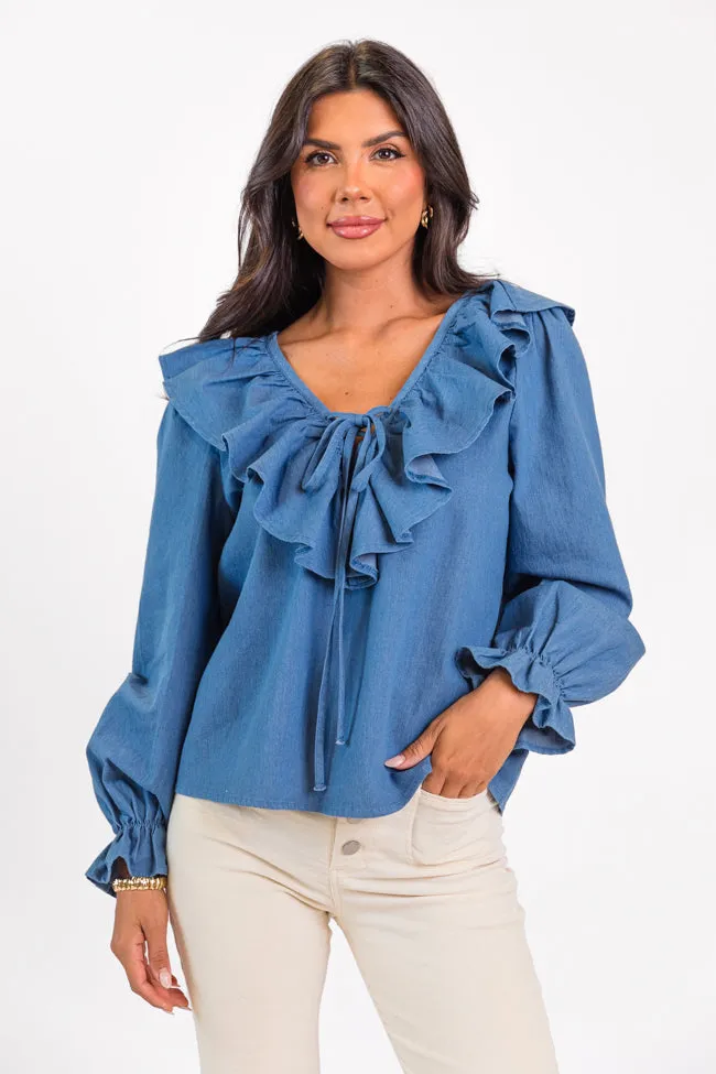 Feel This Way Medium Wash Ruffle Detail Chambray Blouse  FINAL SALE