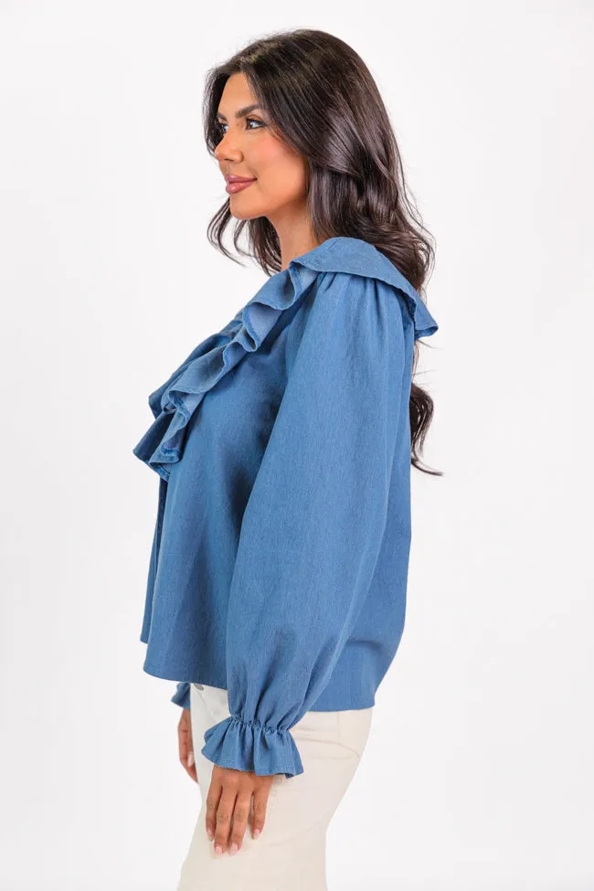 Feel This Way Medium Wash Ruffle Detail Chambray Blouse  FINAL SALE