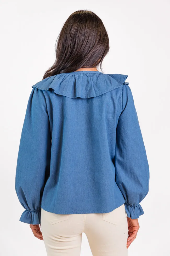 Feel This Way Medium Wash Ruffle Detail Chambray Blouse  FINAL SALE