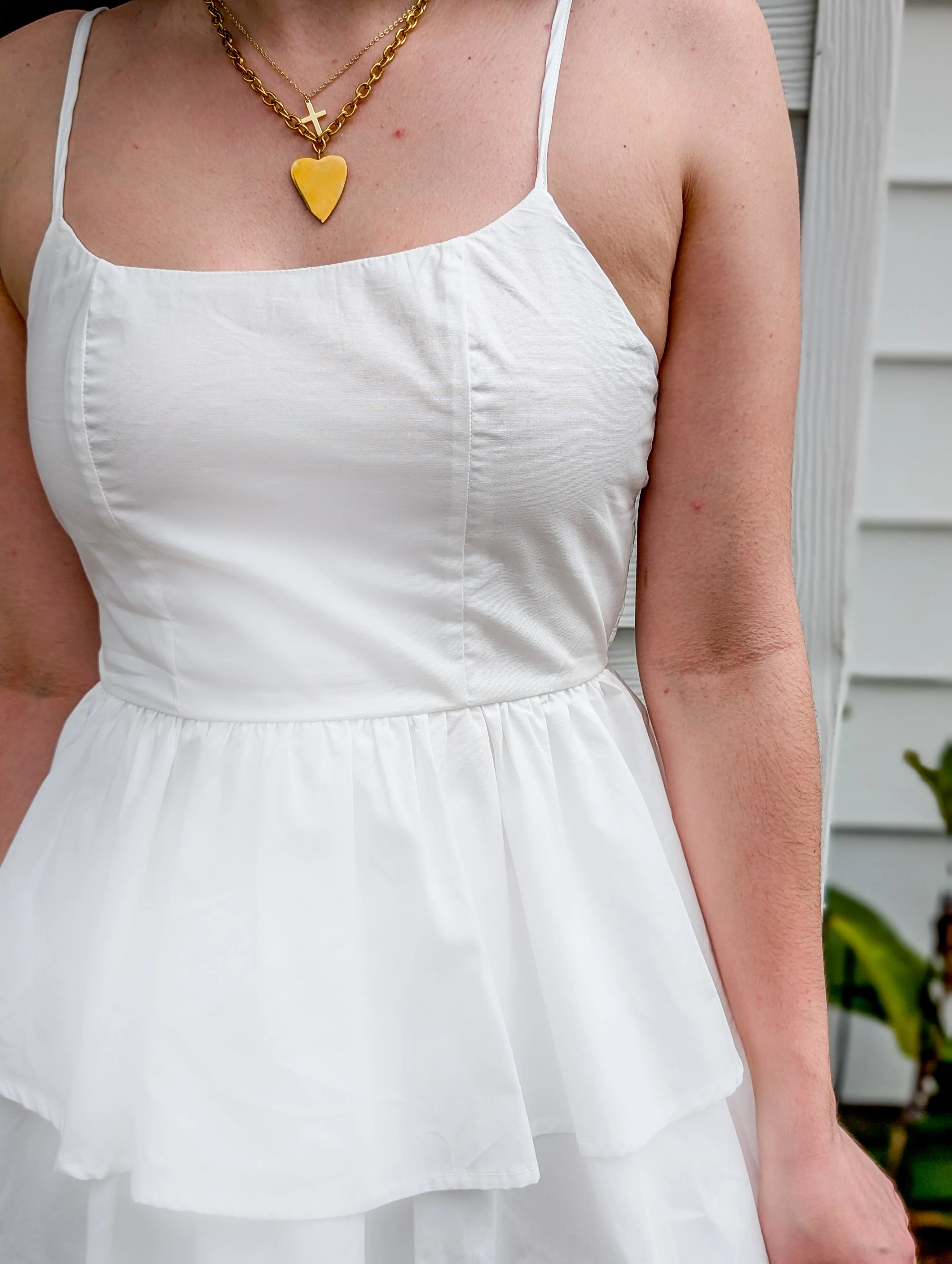 Fitted White Tiered Midi Dress