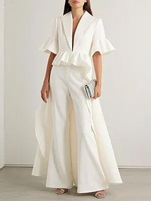 Flared Sleeves Half Sleeves Ruffle Trim Solid Color Deep V-Neck Blouses&Shirts Tops Outerwear