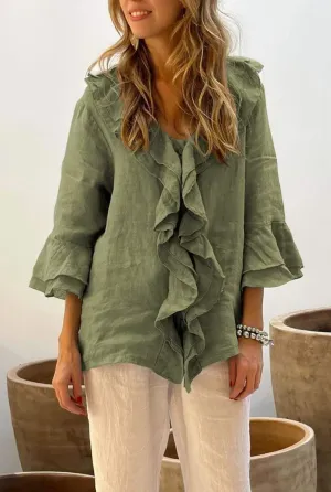 Fleur Ruffle Front 3/4 Sleeve Relaxed Linen Blouse