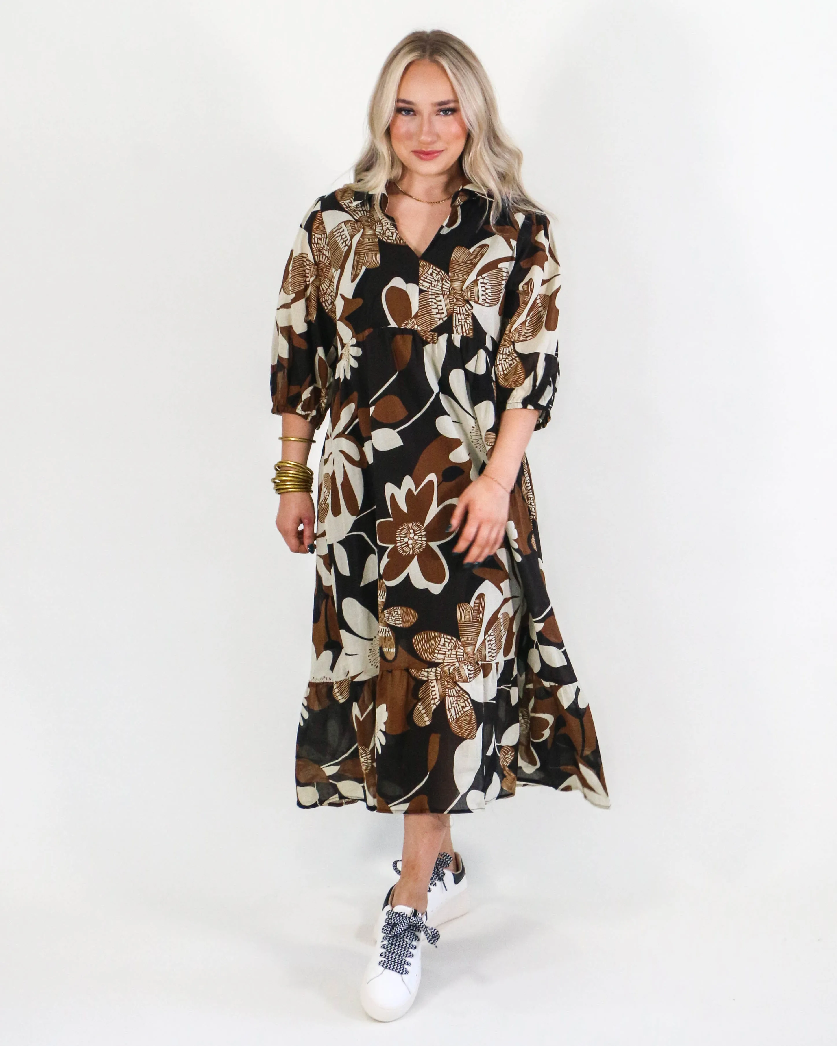 Floral Abstract Print Tiered Dress In Brown