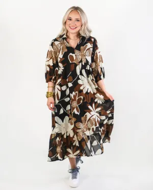 Floral Abstract Print Tiered Dress In Brown