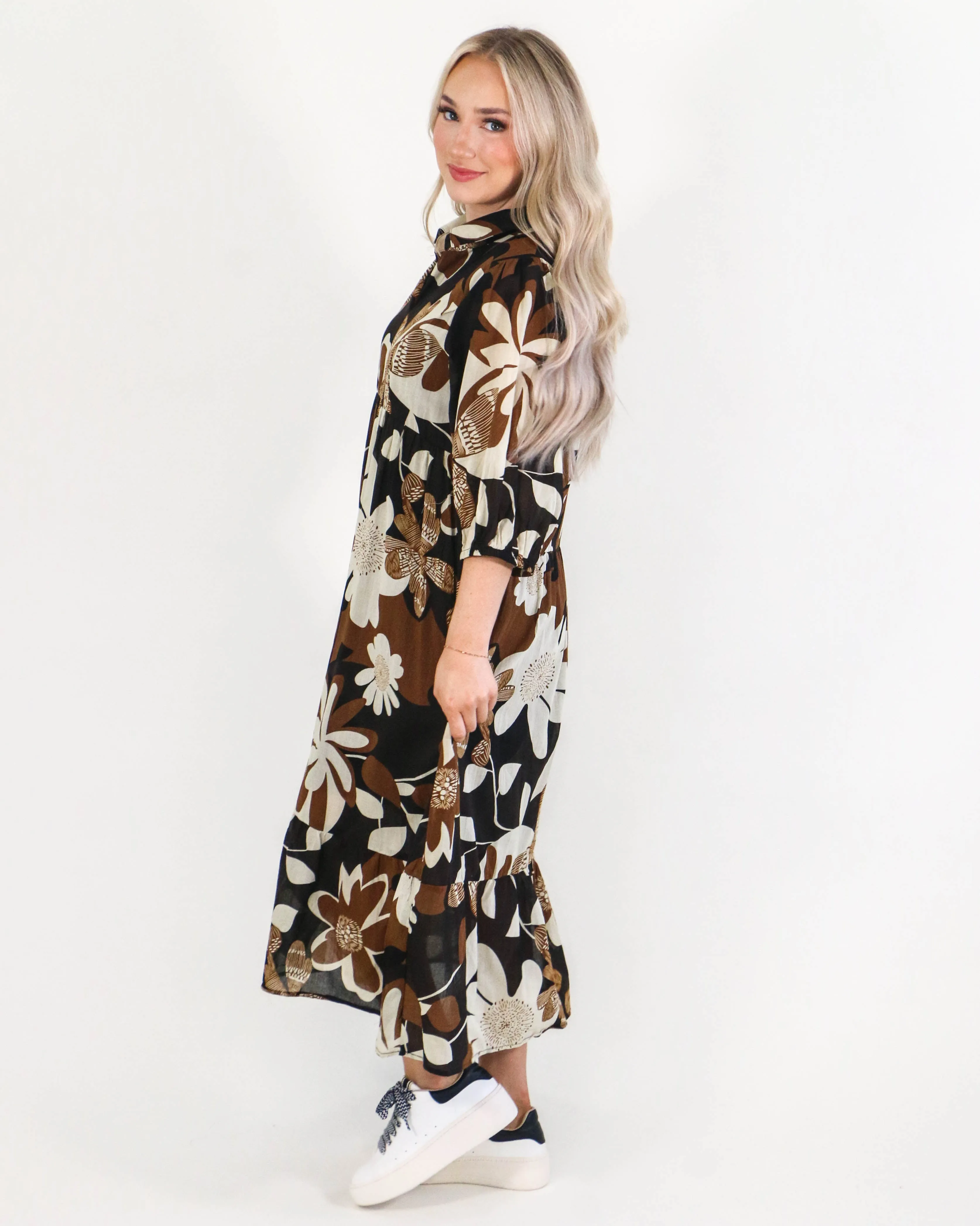 Floral Abstract Print Tiered Dress In Brown