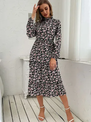 Floral Print Midi Dress with Semi-High Neck and Tiered Skirt