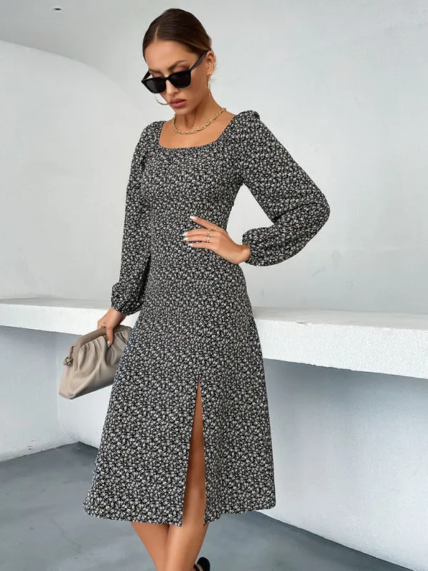 Floral Print Midi Dress with Square Neck and Long Sleeves