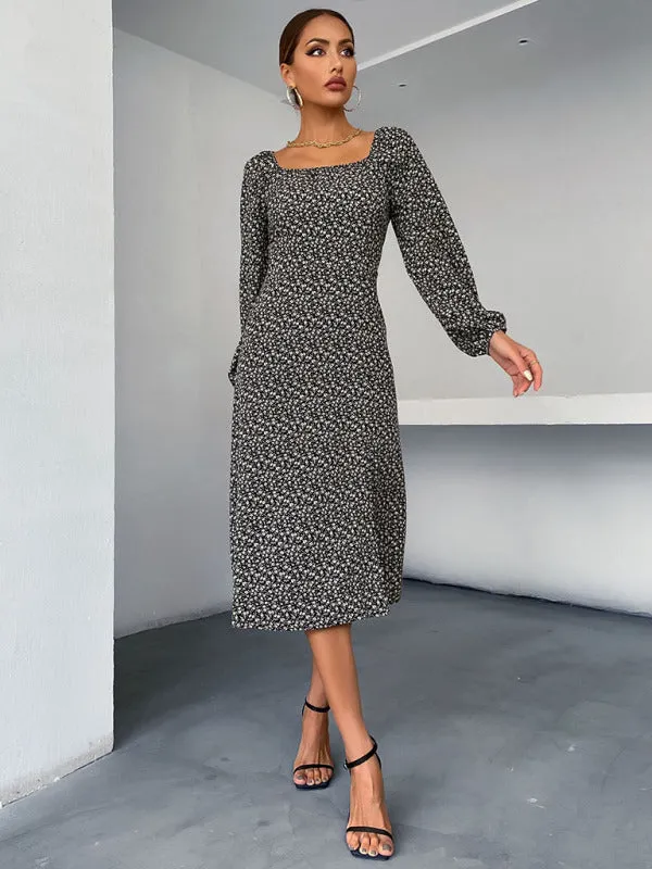 Floral Print Midi Dress with Square Neck and Long Sleeves