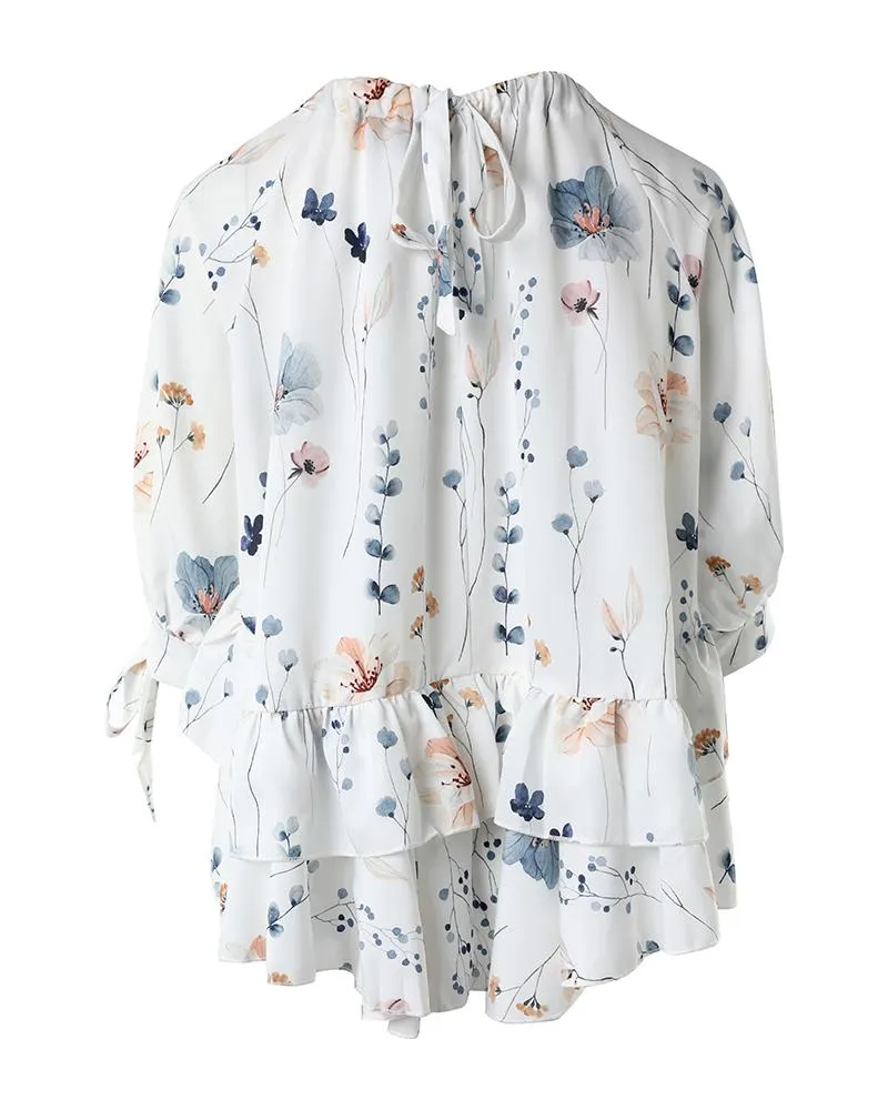 Floral Print Ruffle Hem Split Sleeve Top